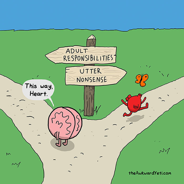 Cartoon of brain and the heart at crossroads. The brain walks down the road marked 