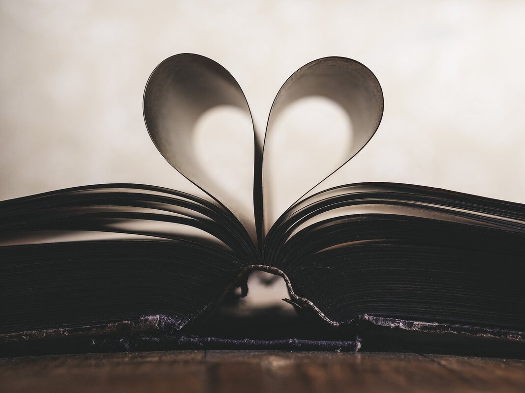 Open book with the 2 middle pages curved in to make a heart-shape