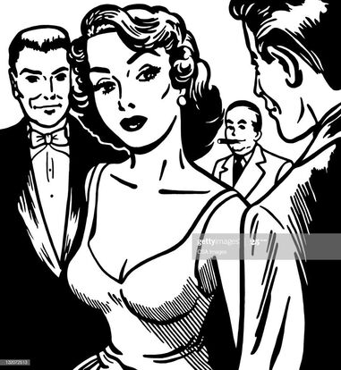 Illustrated drawing of an alluring mid-20th century woman surrounded by men.
